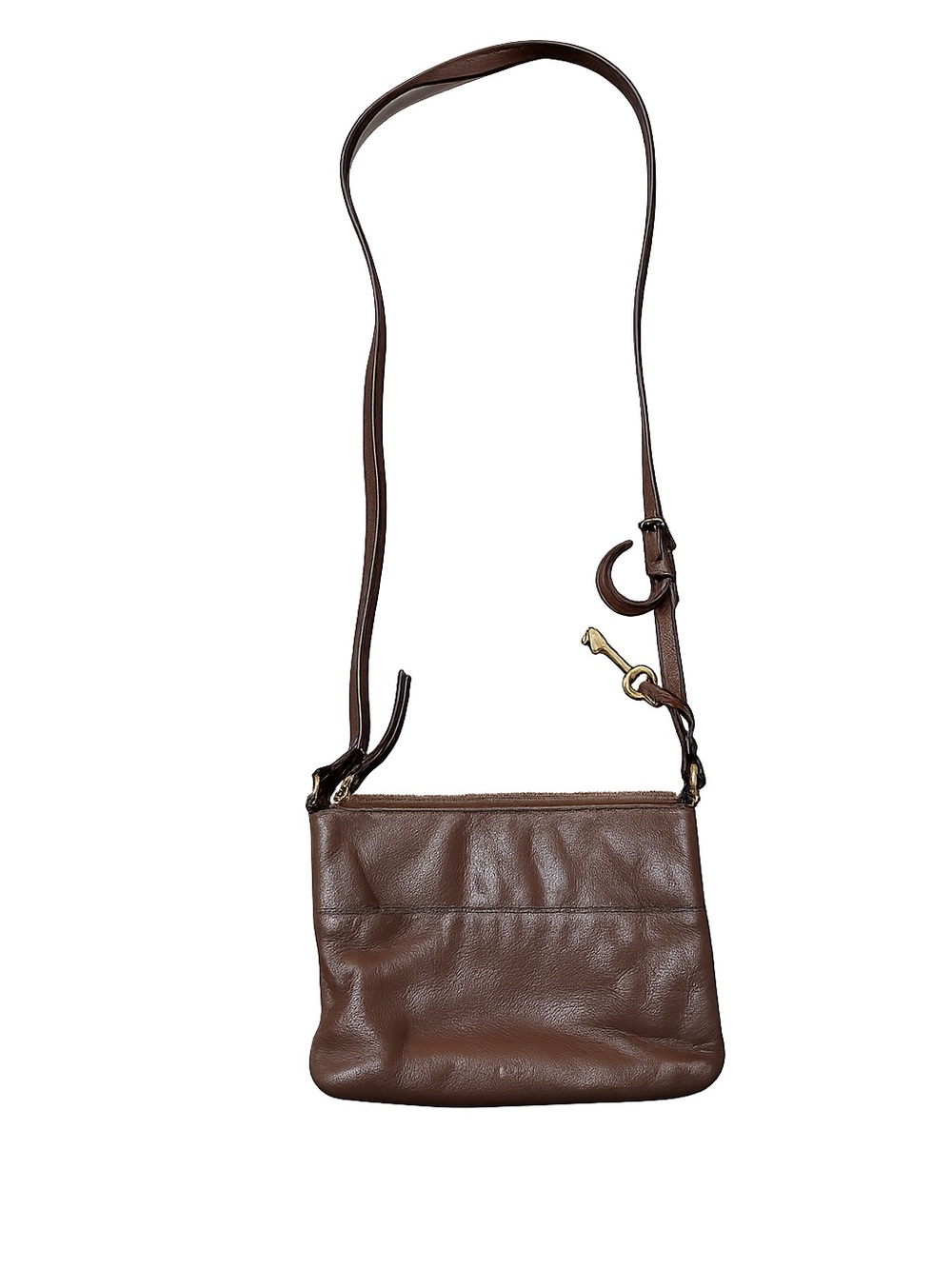 Fossil Brown Leather Crossbody Purse Adjustable Strap Key Charm Zip Top Bag